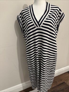 ATM Anthony Thomas Melillo Navy and white pique knit dress.